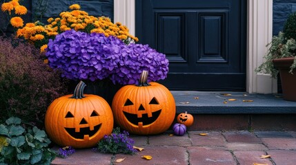 Halloween pumpkins and flowers arranged on a front porch showcasing seasonal home decor in vibrant orange and purple hues