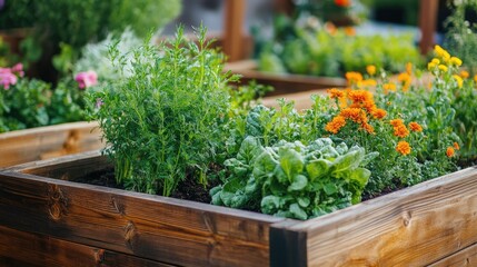 Homegrown vegetable garden in wooden raised planters featuring companion plants to deter pests and diseases