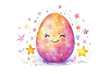 A whimsical watercolor illustration of a smiling egg surrounded by colorful stars, perfect for celebrating joy and creativity.