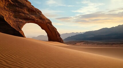 sandstone arch rising behind a vast sweeping desert dune landscape bathed in the warm glow of the setting sun  This dramatic