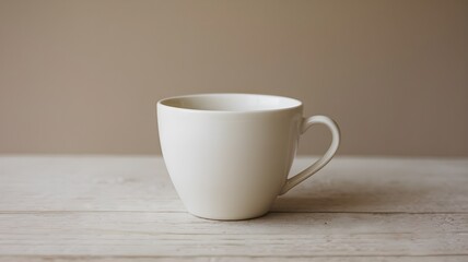 Fototapeta premium A plain white coffee cup against a neutral background. The cup is sitting on a wooden surface. The background is a beige wall. 