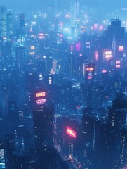 Fototapeta premium A vibrant, futuristic cityscape illuminated by neon lights in a misty atmosphere.