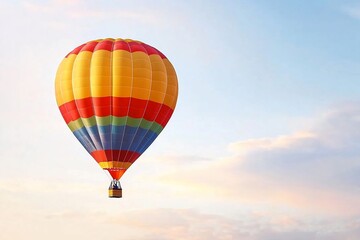 Naklejka premium Majestic hot air balloon in vibrant shades of red orange and yellow drifting peacefully through the sky offering a panoramic vista and a sense of adventure and freedom