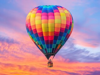 Obraz premium Vibrant Colorful Hot Air Balloon Soaring Peacefully Through Serene Sunset Sky with Breathtaking Landscape Views