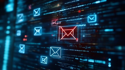 of an digital inbox interface filled with warning notifications about potential phishing email threats and cyber security risks