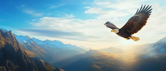 Fototapeta premium Majestic bald eagle flying high above a dramatic mountain range with the sun s rays casting a warm glow across the scene This powerful