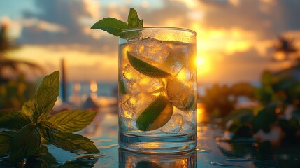 Refreshing drink with lime and mint on a table at sunset.