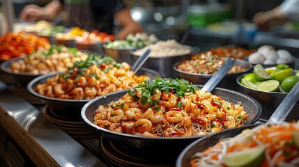 Obraz premium Freshly Prepared Street Food Delicacies at a Bustling Market Stall: A Vibrant Display of Culinary Creativity Ideal for Food Enthusiasts and Marketing Campaigns Showcasing Local Cuisine