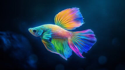 Fototapeta premium Neon Multicolor Siamese Fighting Fish Shimmering and Pulsating Under Vibrant UV Lighting in an Aquarium Setting Showcasing its Ethereal Psychedelic Beauty and Graceful Fluid Movement