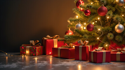 Christmas tree with presents underneath. Festive Christmas decor and presents with twinkling lights.
