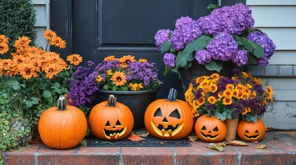 Halloween pumpkins and flowers arranged on a front porch showcasing seasonal home decor in vibrant orange and purple hues