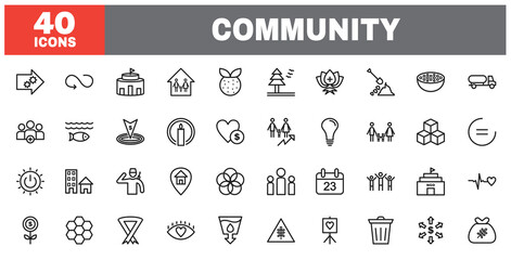 Set of 40 line icons community. Outline icon collection. Editable stroke. Vector illustration.