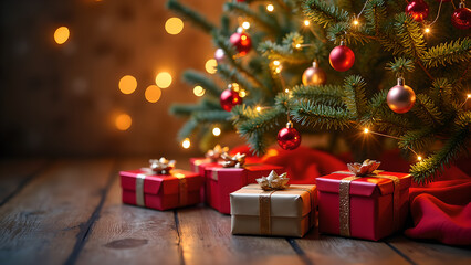 Christmas presents under a decorated Christmas tree with a rustic wooden background.