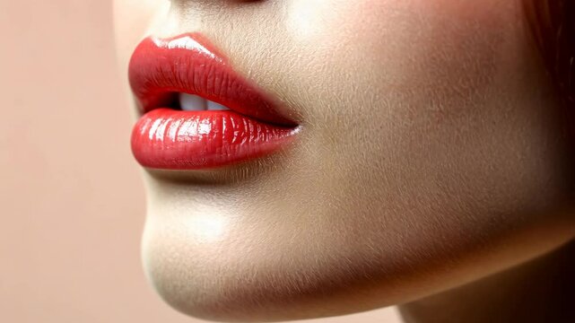 A close-up shot of a person's red lips with glossy lipstick