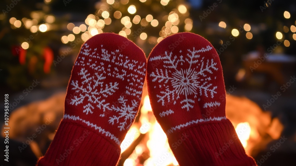 Poster Cozy red mittens with snowflake designs are held up against a backdrop of a softly glowing fire and a beautifully lit Christmas tree, creating a warm holiday atmosphere during wintertime.