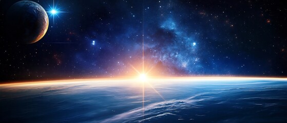 Obraz premium Orbital Space Station Orbiting a Distant Planet with Bright Cosmic Scenery Futuristic Space and Discovery Concept in the Vast Universe