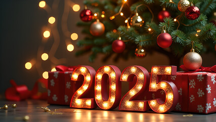 2025 illuminated letters with a Christmas tree, gifts and fairy lights in the background