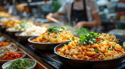 Obraz premium Vibrant Street Food Market Scene Featuring a Chef Skillfully Preparing Traditional Spicy Noodle Dishes, Perfect for Showcasing Culinary Culture and Gastronomic Experiences in Various Media