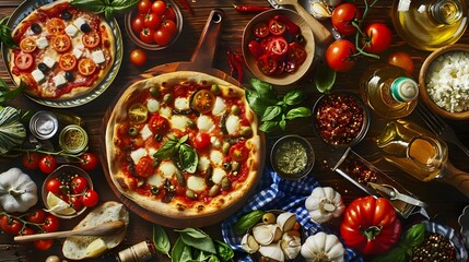 Fototapeta premium Gourmet Italian Pizza Feast with Fresh Ingredients on Rustic Wooden Table