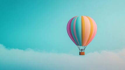 Fototapeta premium Vibrant Multicolored Hot Air Balloon Floating Gracefully in the Serene Sky with Fluffy White Clouds Capturing the Essence of Adventure Travel and