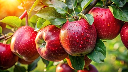 Obraz premium A cluster of ripe red apples, glistening with morning dew, nestled amongst vibrant green leaves, basking in the soft glow of the rising sun.