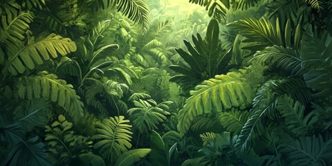 A fern filled tropical jungle with thick greenery, offering a sense of adventure and exploration,space for text