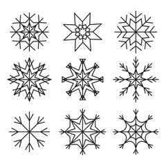 Decorative snowflake icons. Geometric winter designs. Unique seasonal symbols. Vector illustration.