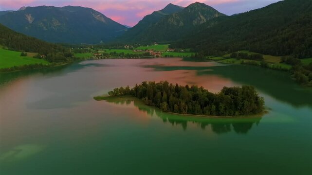 Aerial view of Lake Schliersee in the Bavarian alps in Germany. Luftaufnahme Schliersee ist ein See in den bayerischen Alpen im Landkreis Miesbach, Deutschland. Drone view Lake Schliersee at summer. 