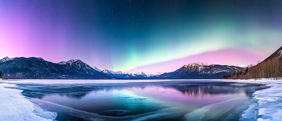 Fototapeta premium Breathtaking display of the aurora borealis or northern lights dancing and swirling across the night sky reflecting on the frozen surface of a tranquil mountain lake surrounded by snow capped peaks