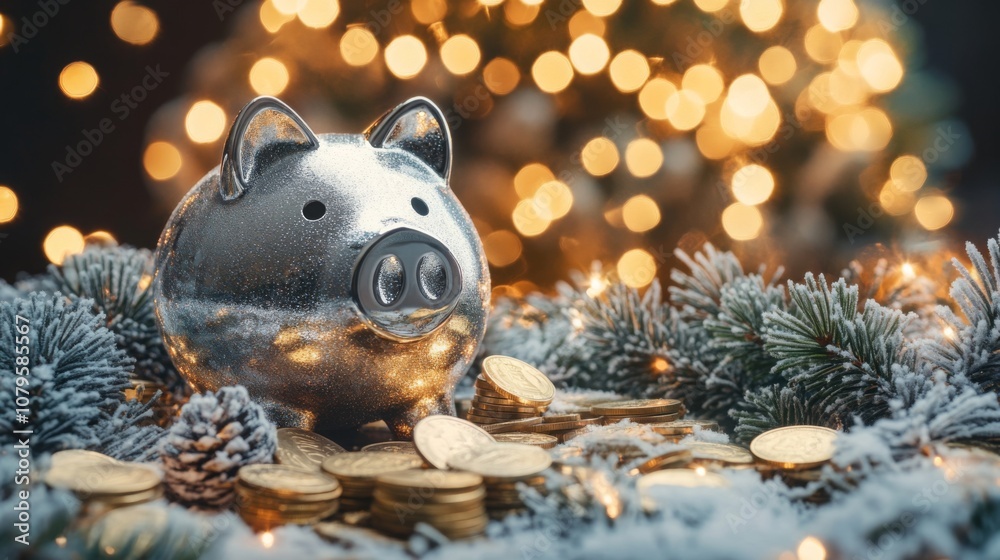 Poster a silver piggy bank sits on a pile of coins surrounded by frosted pine branches. the background is a