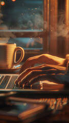 Hands Typing on Laptop Next to Coffee Mug