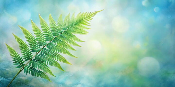 A single fern frond gracefully extends towards a soft, ethereal background, its delicate fronds reaching for the light, creating a sense of tranquility and natural beauty.