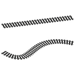 Railroad track vector. Straight and curved rail lines. Black railroads icon. Train track design.