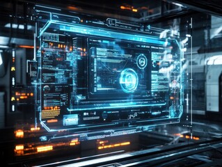 Obraz premium Futuristic holographic interface displaying data and analytics in a tech environment.