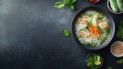 Delve into Vietnamese culinary delights with an elegant flat lay showcasing a bowl of pho and fresh spring rolls offering an appealing empty area for versatile applications