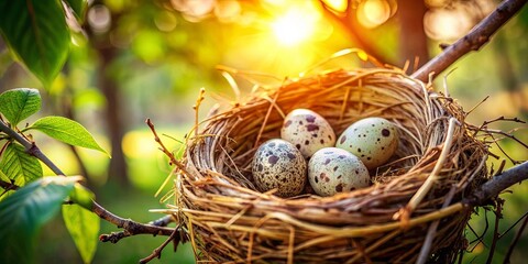 Obraz premium A delicate bird's nest nestled amongst verdant foliage, cradling a clutch of speckled eggs bathed in the warm glow of the setting sun.