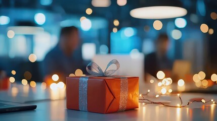 Christmas gift exchange in a corporate office with festive decor