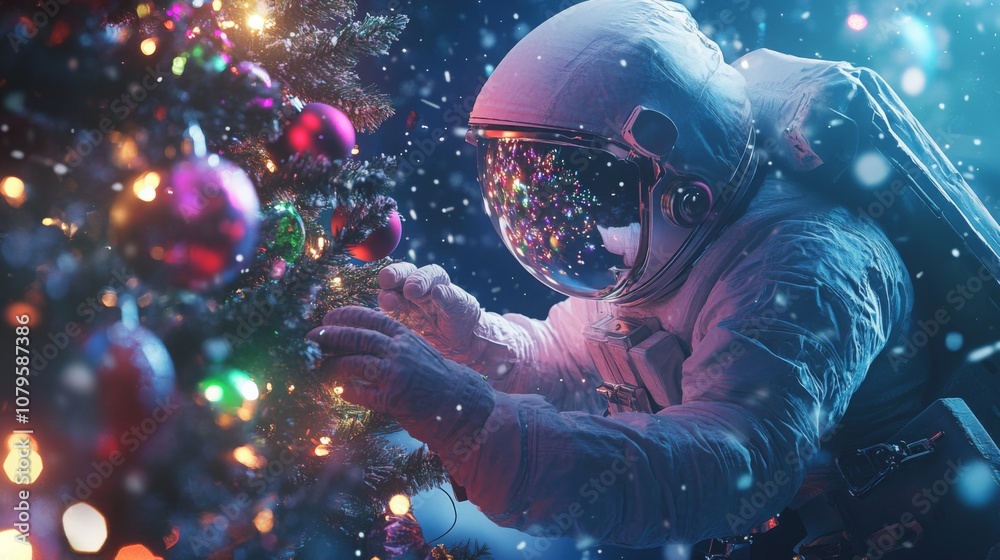 Poster An astronaut in a white spacesuit is decorating a Christmas tree. The tree is decorated with colorful ornaments and twinkling lights.