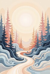 Warm Abstract Christmas Card: Cozy Winter Evening with Japanese-Inspired Patterns and Soft Pastels. 和風要素を取り入れた温かみのある抽象クリスマスカード：柔らかなパステルカラーの冬の夕暮れ。