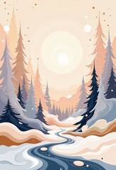 Warm Abstract Christmas Card: Cozy Winter Evening with Japanese-Inspired Patterns and Soft Pastels. 和風要素を取り入れた温かみのある抽象クリスマスカード：柔らかなパステルカラーの冬の夕暮れ。