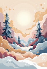 Warm Abstract Christmas Card: Cozy Winter Evening with Japanese-Inspired Patterns and Soft Pastels. 和風要素を取り入れた温かみのある抽象クリスマスカード：柔らかなパステルカラーの冬の夕暮れ。