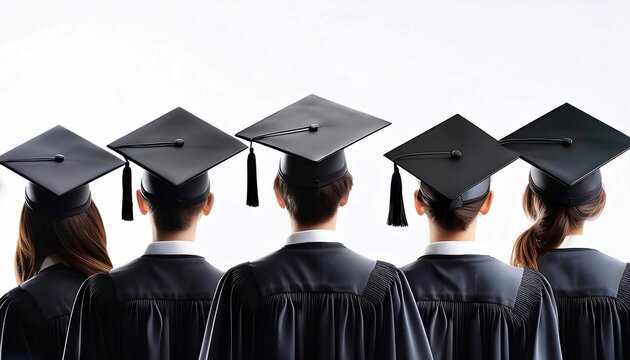 Close up of students with graduate caps in a row isolated on white background. 