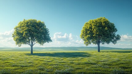 Two trees in a sunny field under a clear blue sky.