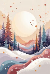 Warm Abstract Christmas Card: Cozy Winter Evening with Japanese-Inspired Patterns and Soft Pastels. 和風要素を取り入れた温かみのある抽象クリスマスカード：柔らかなパステルカラーの冬の夕暮れ。