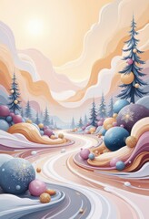 Warm Abstract Christmas Card: Cozy Winter Evening with Japanese-Inspired Patterns and Soft Pastels. 和風要素を取り入れた温かみのある抽象クリスマスカード：柔らかなパステルカラーの冬の夕暮れ。