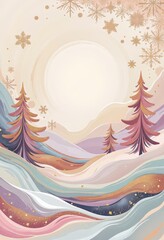 Warm Abstract Christmas Card: Cozy Winter Evening with Japanese-Inspired Patterns and Soft Pastels. 和風要素を取り入れた温かみのある抽象クリスマスカード：柔らかなパステルカラーの冬の夕暮れ。