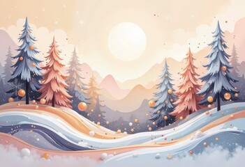 Warm Abstract Christmas Card: Cozy Winter Evening with Japanese-Inspired Patterns and Soft Pastels. 和風要素を取り入れた温かみのある抽象クリスマスカード：柔らかなパステルカラーの冬の夕暮れ。