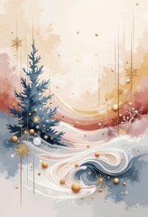 Warm Abstract Christmas Card: Cozy Winter Evening with Japanese-Inspired Patterns and Soft Pastels. 和風要素を取り入れた温かみのある抽象クリスマスカード：柔らかなパステルカラーの冬の夕暮れ。
