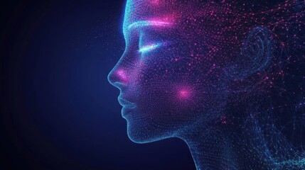 A digital representation of a human face, constructed from glowing particles, against a dark background.
