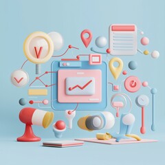 SEO relevance.  A colorful collection of 3D digital marketing icons and elements, representing analytics, data visualization, and modern technology.